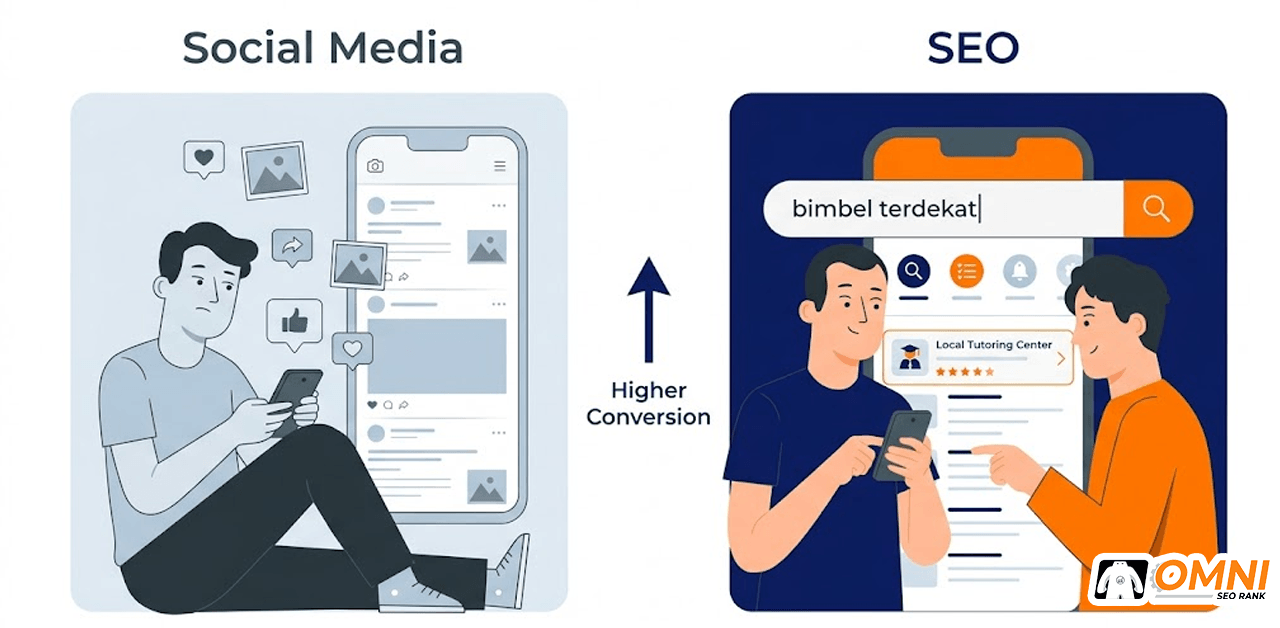 Perbandingan SEO vs sosial media untuk bimbel, menunjukkan high-intent traffic dari pencarian Google