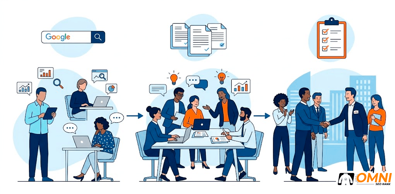 Ilustrasi buying journey bisnis B2B dalam proses memilih vendor SEO