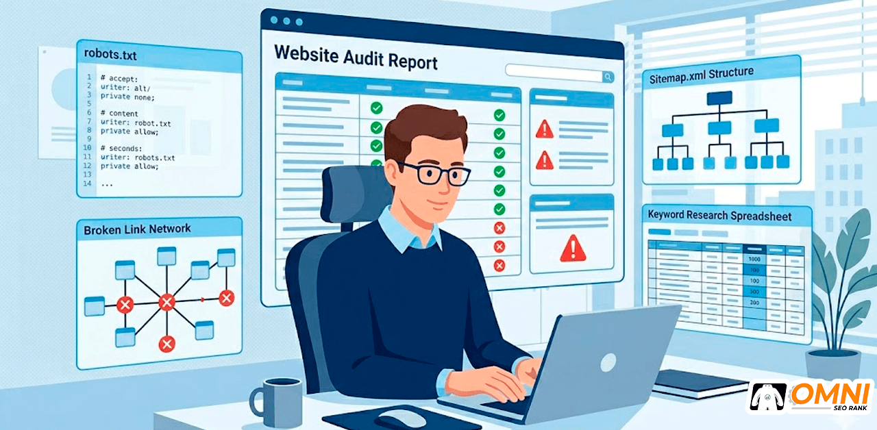 Proses SEO audit teknis dan riset keyword di fase pertama framework SEO 12 bulan