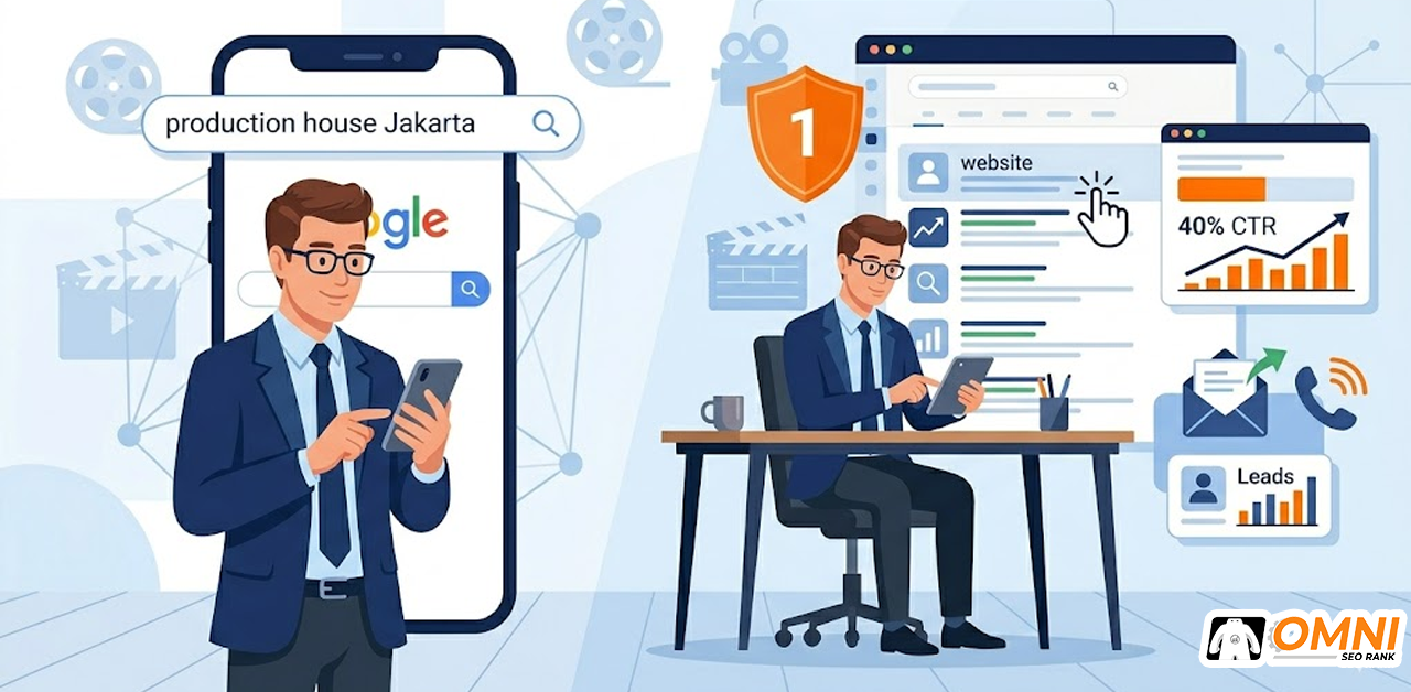 Ilustrasi perjalanan buyer B2B dalam mencari production house di Google sebelum memutuskan vendor