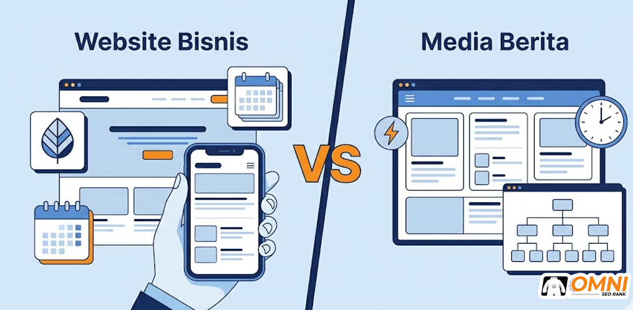 Perbandingan strategi SEO website bisnis vs media berita dalam ilustrasi flat design
