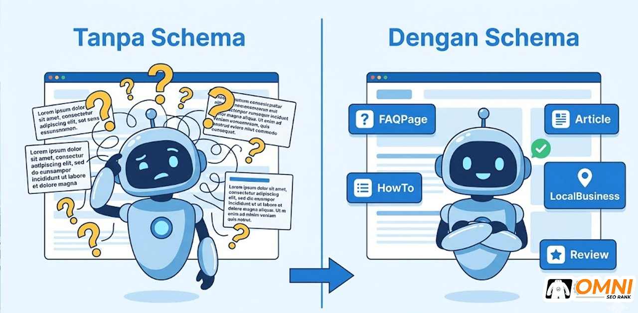 Perbandingan halaman dengan dan tanpa schema markup di mata Google AI Overview
