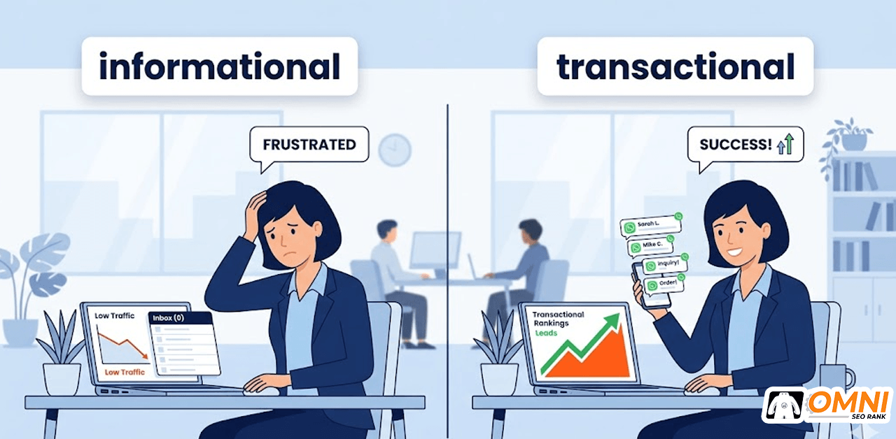 Ilustrasi perbandingan traffic dari keyword informatif vs keyword transaksional