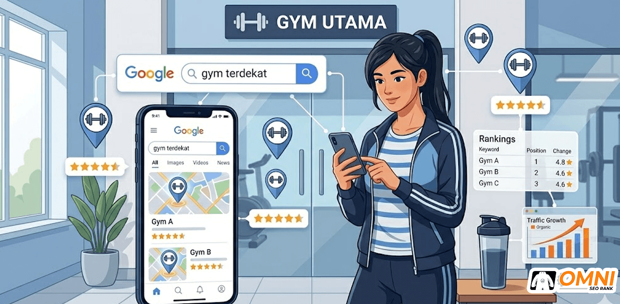 Calon member gym mencari tempat fitness terdekat melalui Google Search di smartphone