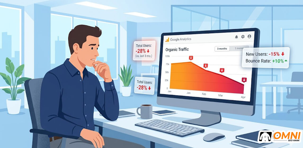 Grafik traffic organik turun selama 3 bulan di Google Analytics