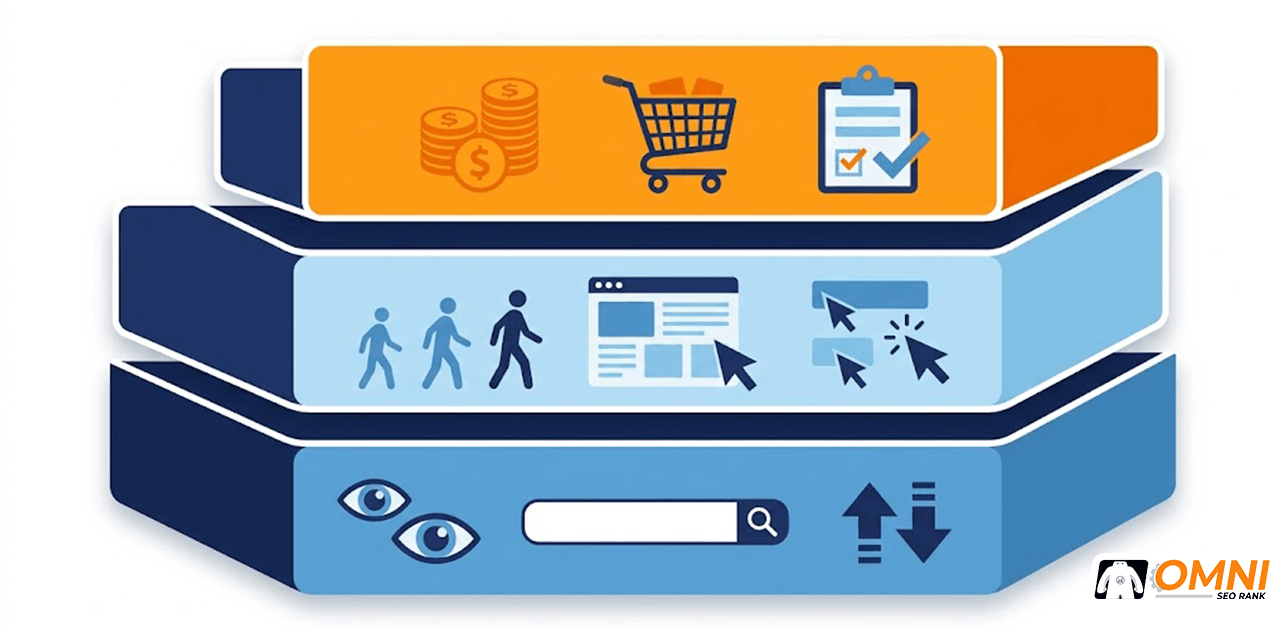Ilustrasi tiga lapis metrik SEO dari visibility metrics, traffic metrics, hingga business impact metrics