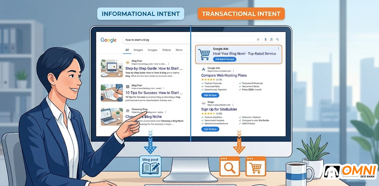 Ilustrasi cara membaca halaman SERP Google untuk mengidentifikasi sinyal search intent keyword secara akurat