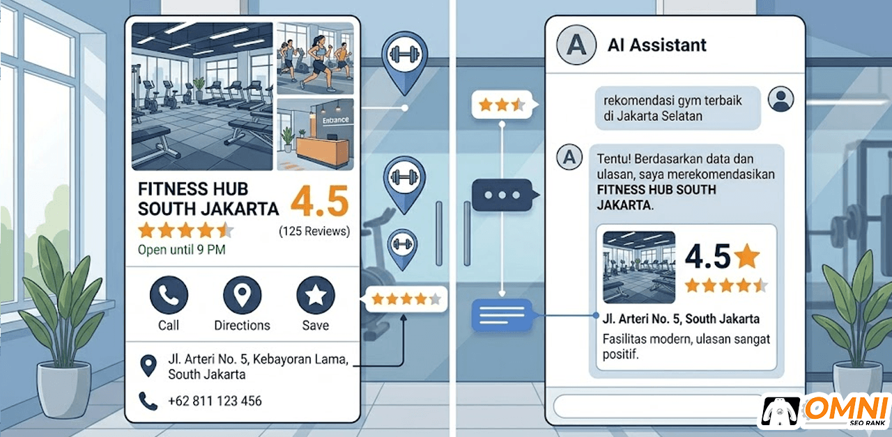 Perbandingan visibilitas gym di Google Business Profile dan rekomendasi AI search ChatGPT Perplexity
