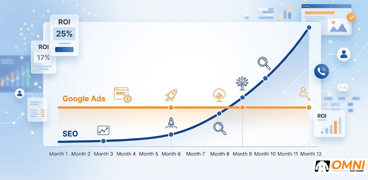 Simulasi ROI 12 bulan SEO vs Google Ads — SEO menunjukkan pertumbuhan eksponensial