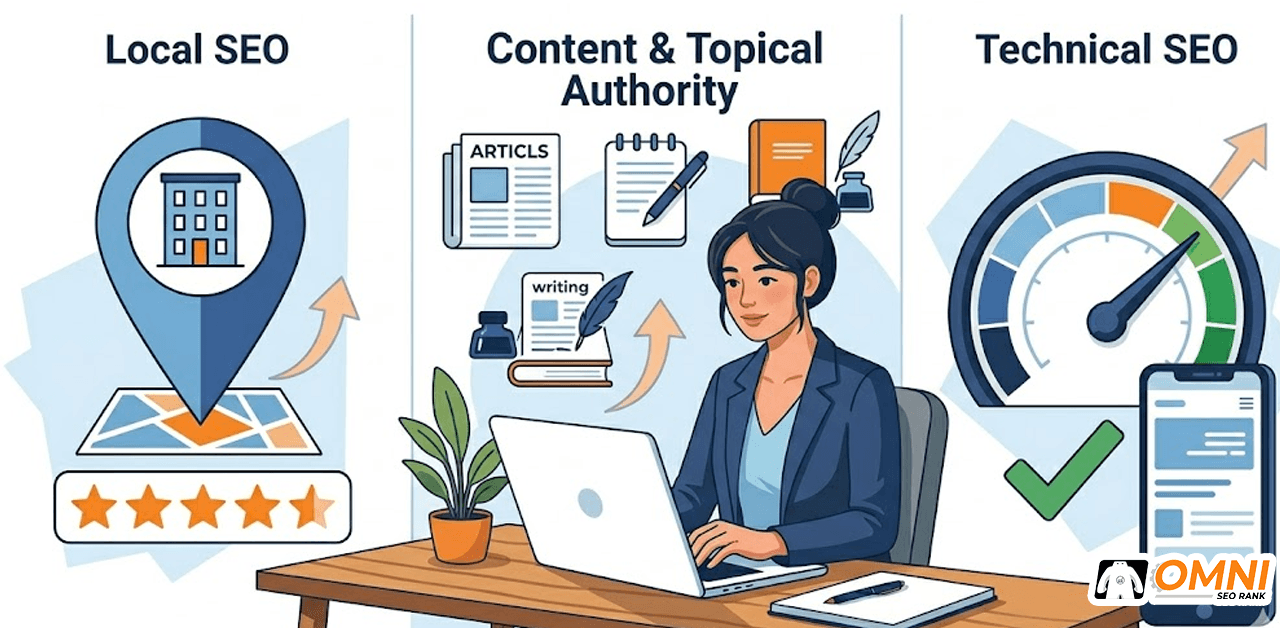 Tiga pilar strategi SEO coliving space yaitu local SEO, konten bertarget, dan performa teknis website