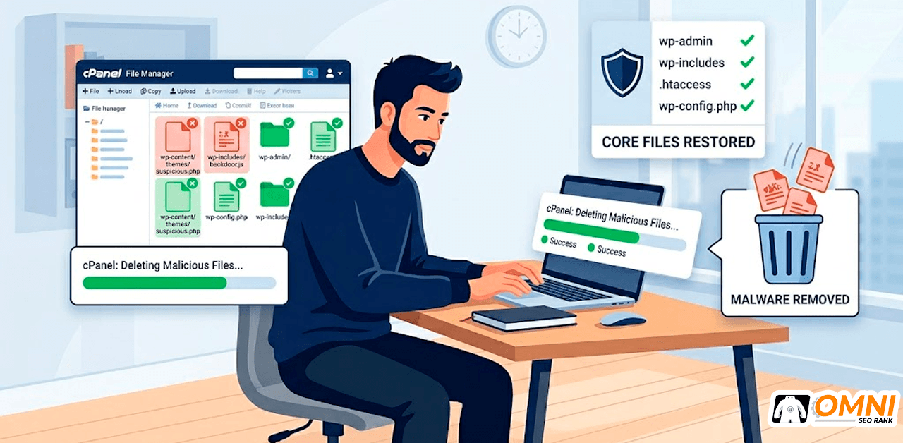 Proses deep cleaning malware WordPress dan audit file melalui cPanel