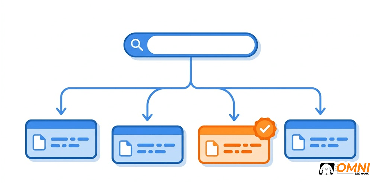 Diagram fan-out query Google AI Overview: satu query dipecah menjadi beberapa sub-query