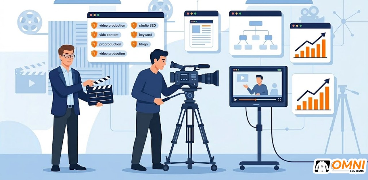 Tim production house mengerjakan proyek video dengan strategi konten SEO yang teroptimasi untuk mendominasi Google
