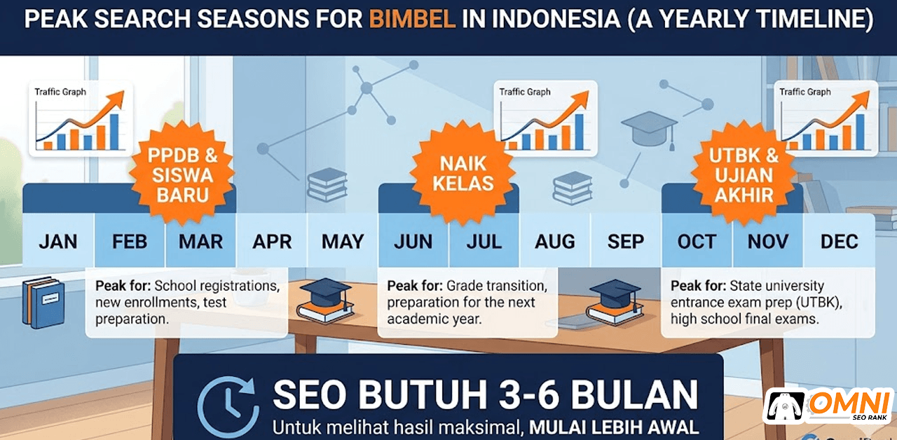 Kalender peak season SEO bimbel Indonesia, periode UTBK, PPDB, dan naik kelas