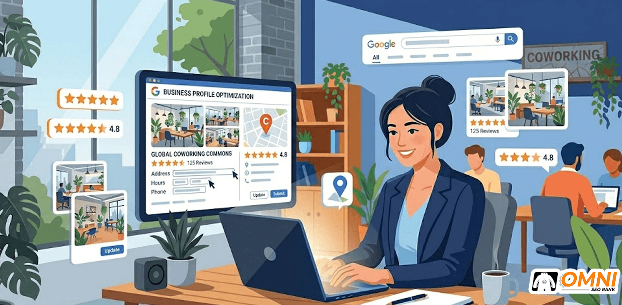 Ilustrasi optimasi Google Business Profile coworking space dengan foto lengkap dan review bintang lima