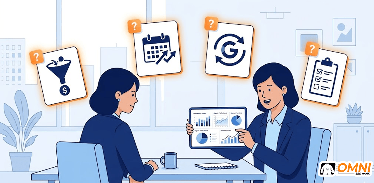 Ilustrasi pemilik bisnis mengajukan pertanyaan kritis kepada agensi SEO berdasarkan laporan SEO bulanan