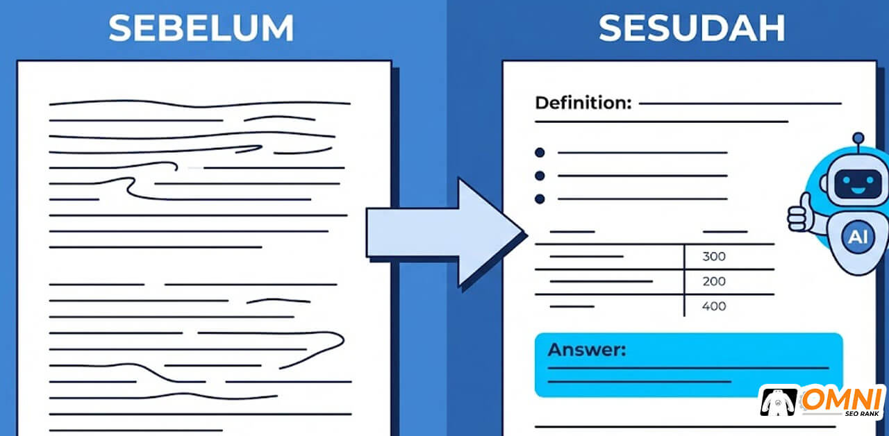 Perbandingan sebelum dan sesudah rewrite paragraf menjadi Answer Block untuk AI search