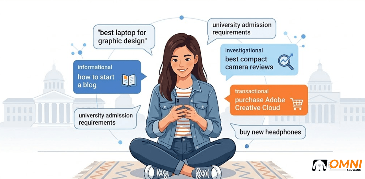 Ilustrasi berbagai tipe search intent calon mahasiswa dalam proses pencarian informasi kampus