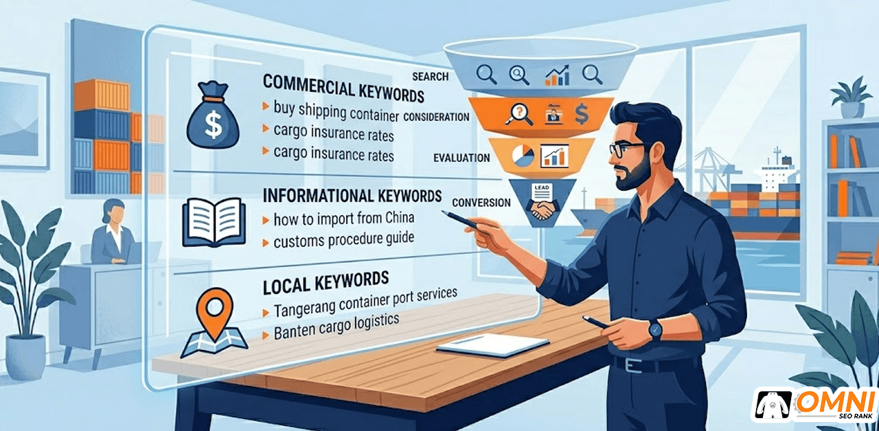 Ilustrasi strategi keyword tiga layer untuk website jasa import China