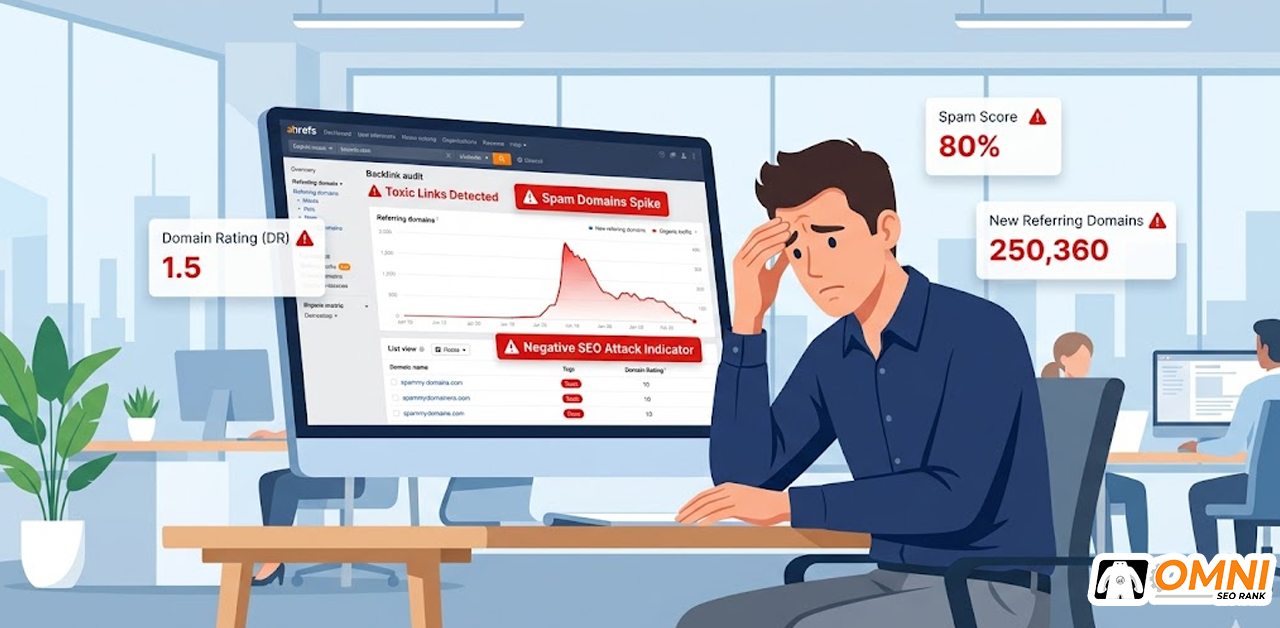 Ilustrasi deteksi toxic backlinks dan negative SEO melalui tools audit backlink
