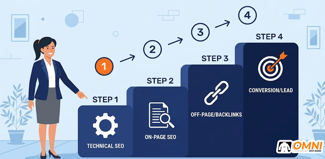 Ilustrasi urutan prioritas perbaikan SEO dari technical hingga conversion