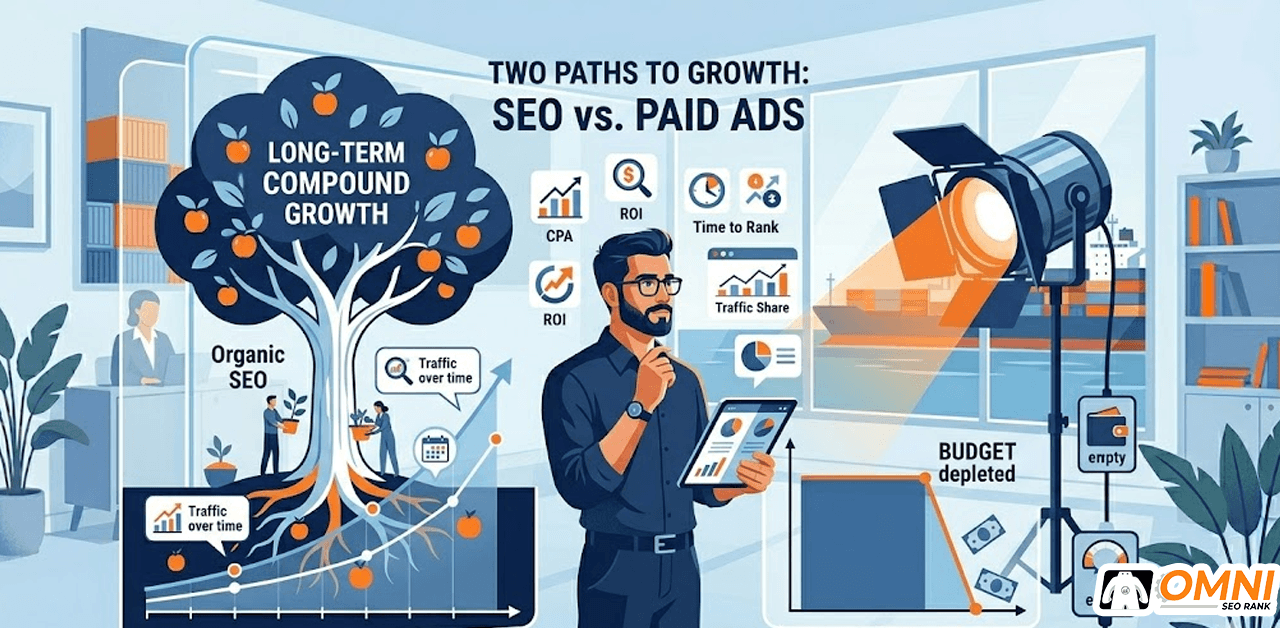 Ilustrasi perbandingan SEO organik vs iklan berbayar untuk bisnis import China