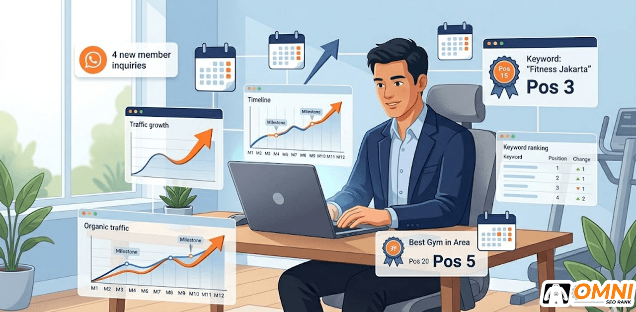 Pemilik gym melihat laporan SEO dengan grafik pertumbuhan traffic organik dan peningkatan ranking keyword dari bulan 1 hingga bulan 12