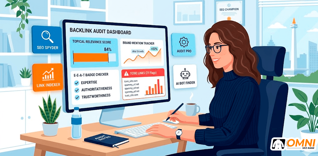 Ilustrasi proses audit backlink profile menggunakan framework SEO dan GEO readiness