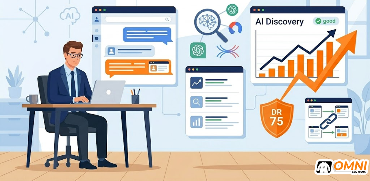 Ilustrasi visibilitas production house di platform AI search seperti ChatGPT dan Perplexity untuk menjangkau buyer B2B