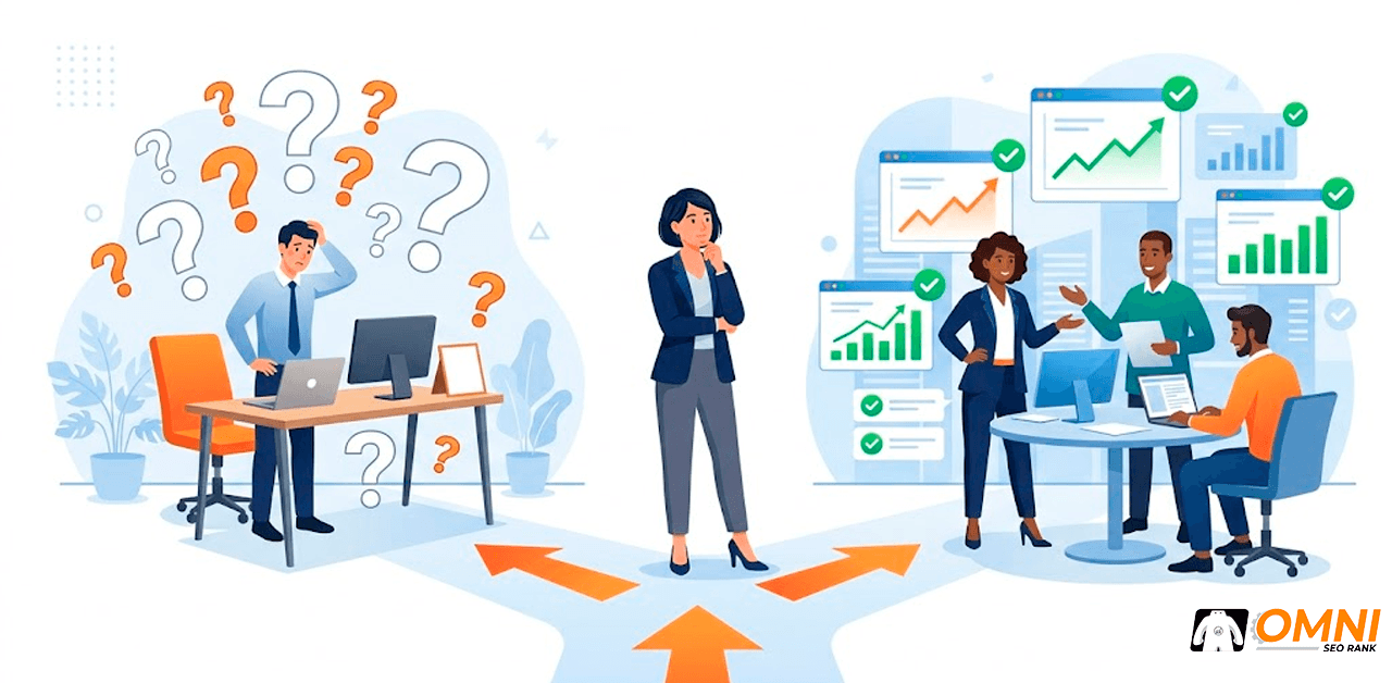 Ilustrasi risiko SEO in-house vs stabilitas menggunakan jasa SEO agency