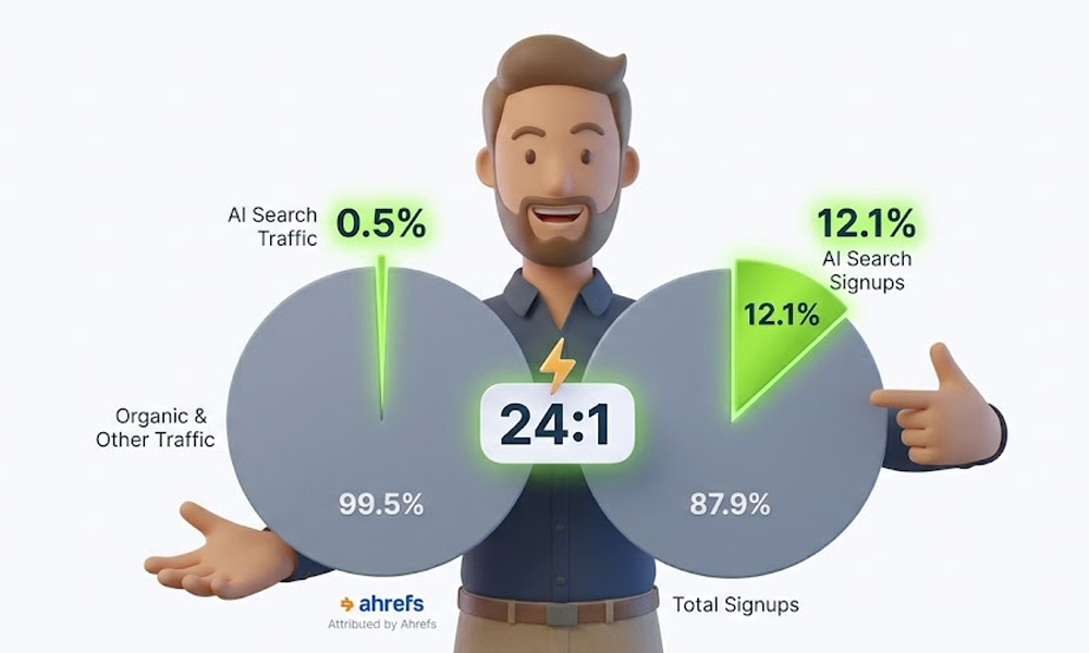 Ilustrasi dua pie chart yang menunjukkan AI search visitors hanya 0.5% dari total traffic namun menghasilkan 12.1% dari total signups dengan rasio 24:1