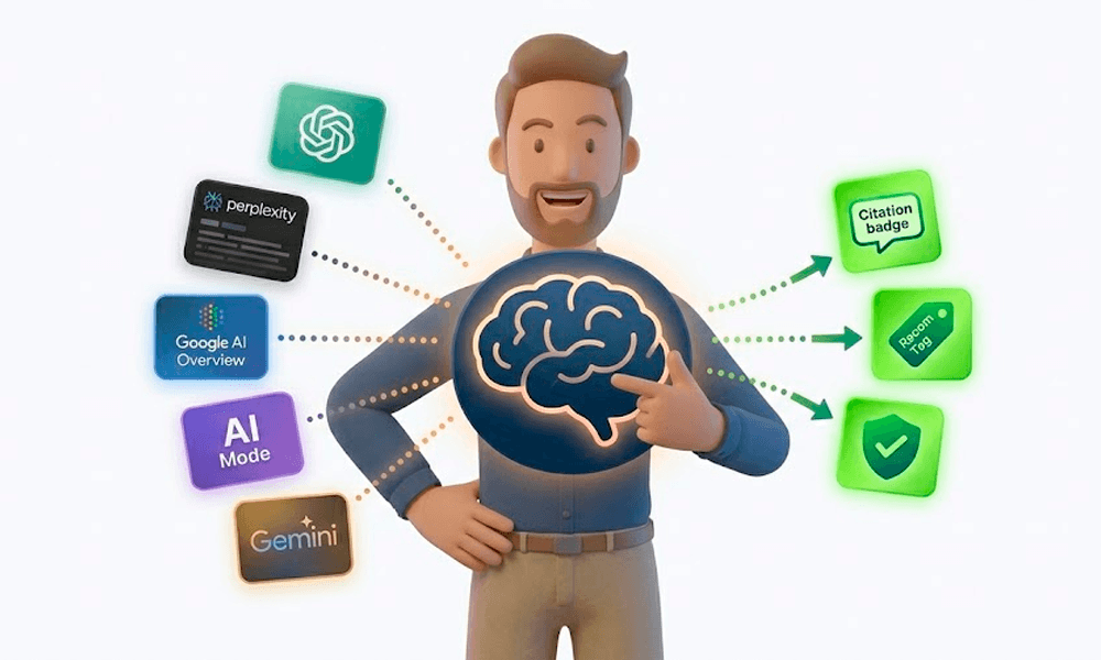 Ilustrasi konsep GEO yang menggambarkan bagaimana platform AI seperti ChatGPT, Perplexity, Google AI Overview, AI Mode, dan Gemini mengenali dan mengutip brand sebagai sumber terpercaya