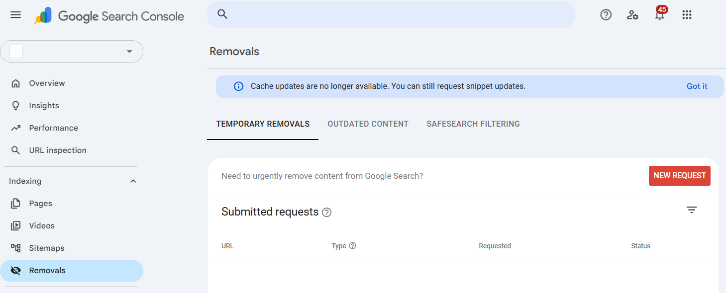 Cara mengajukan penghapusan sementara halaman spam melalui Google Search Console