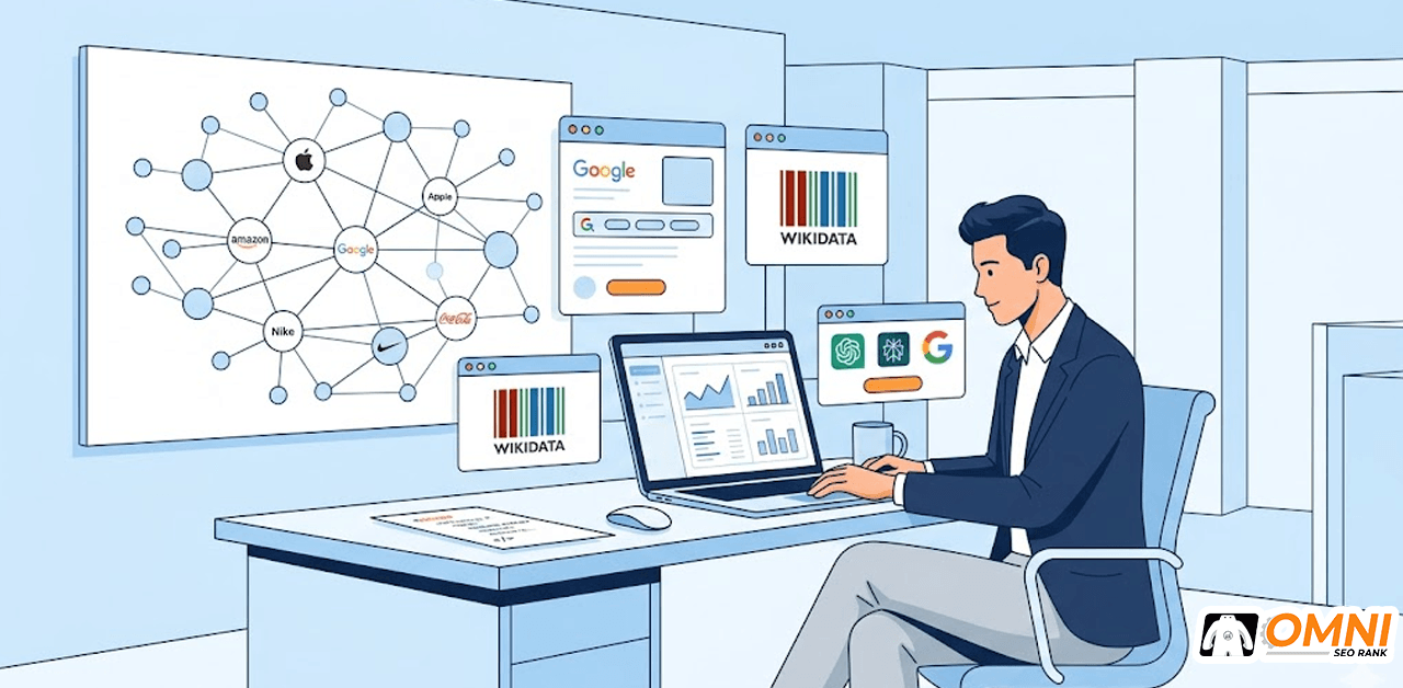 Ilustrasi digital marketer membangun entity brand untuk dikenali platform AI seperti ChatGPT dan Google