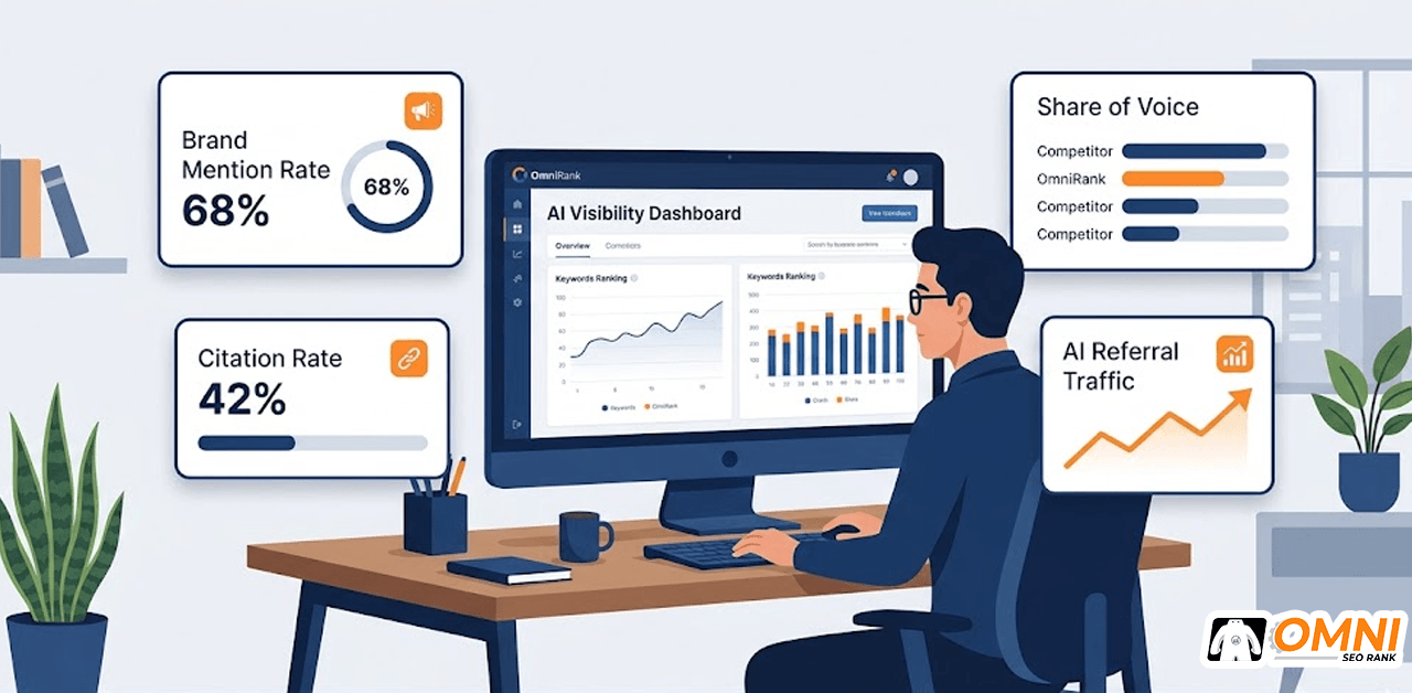 cara-mengukur-hasil-ai-seo-dashboard-omnirank.id copy Ilustrasi cara mengukur hasil AI SEO dengan dashboard AI visibility metrics