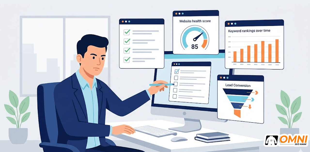 checklist-audit-seo-website-sepi-lead-omnirank.id copy Ilustrasi profesional melakukan audit SEO dengan checklist di monitor