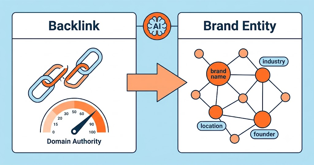 Ilustrasi perbandingan entity brand vs backlink dalam konteks visibilitas AI search