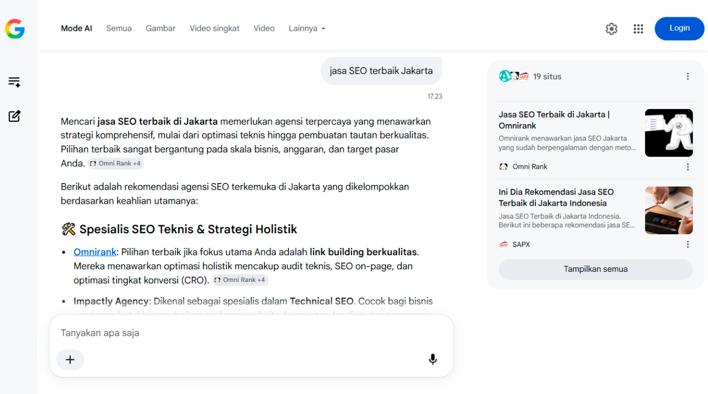 "jasa SEO terbaik Jakarta" di Google AI Mode.