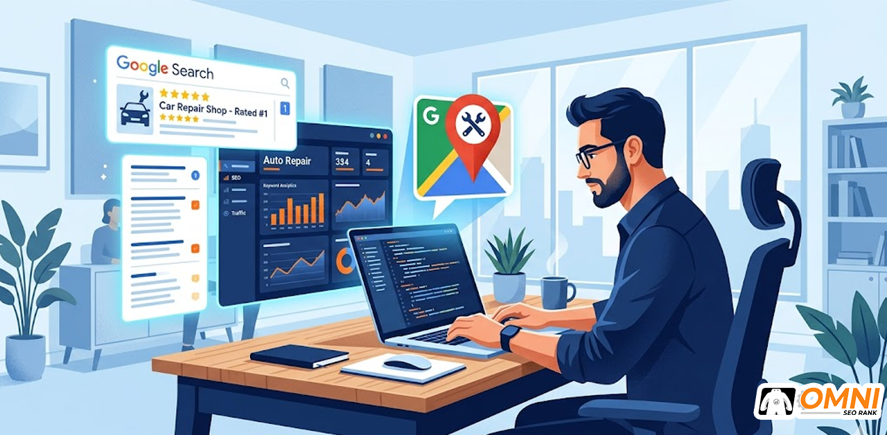 Ilustrasi jasa SEO bengkel mobil dengan dashboard Google ranking dan peta lokasi bengkel
