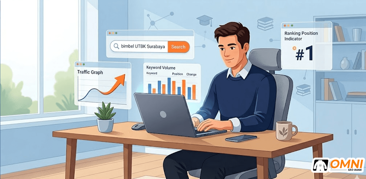 Ilustrasi jasa SEO bimbel dengan dashboard keyword dan grafik traffic naik