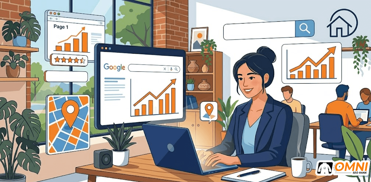 jasa-seo-coliving-space-strategi-ranking-omnirank.id-Recovered copy Ilustrasi jasa SEO coliving space dengan tampilan Google ranking dan traffic organik meningkat