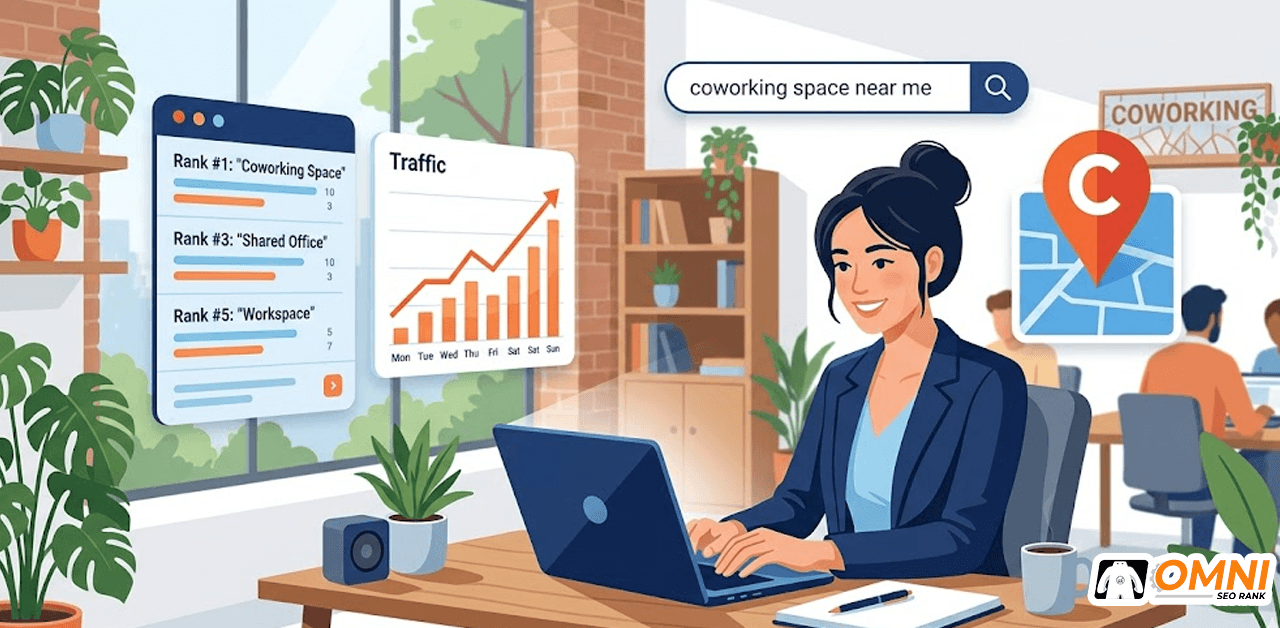 Ilustrasi jasa SEO coworking space dengan elemen Google Maps dan grafik traffic organik