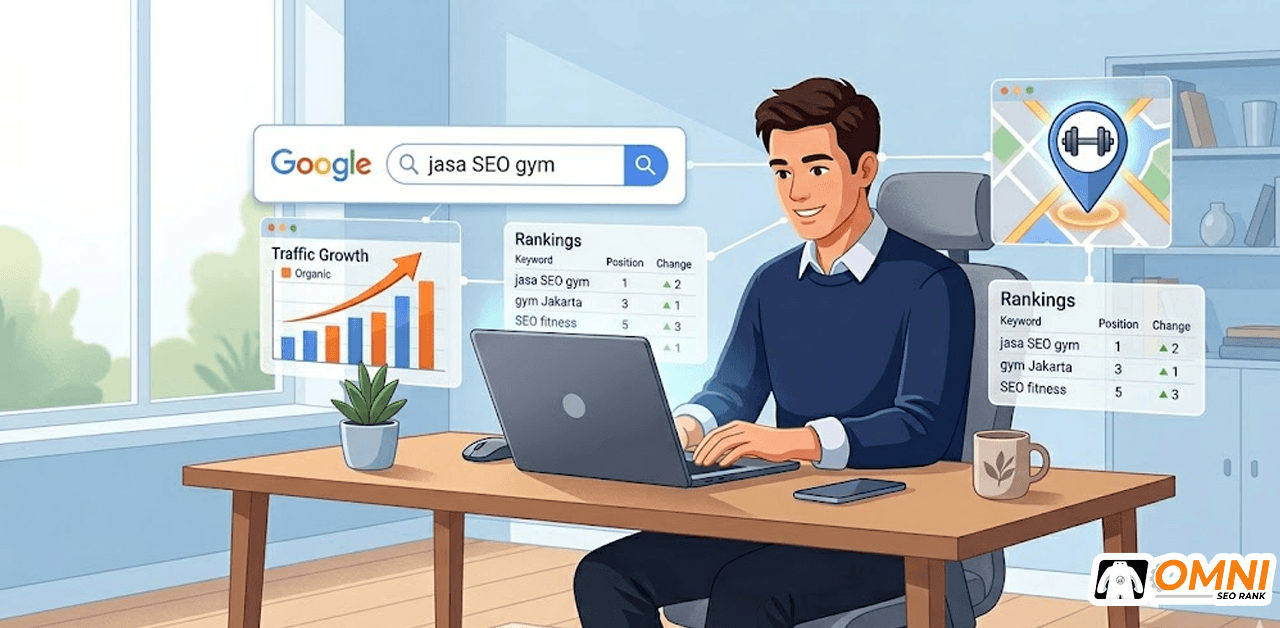 jasa-seo-gym-strategi-member-baru-google-omnirank.id-Recovered-Recovered Ilustrasi jasa SEO gym dengan dashboard ranking keyword dan Google Maps untuk mendatangkan member baru