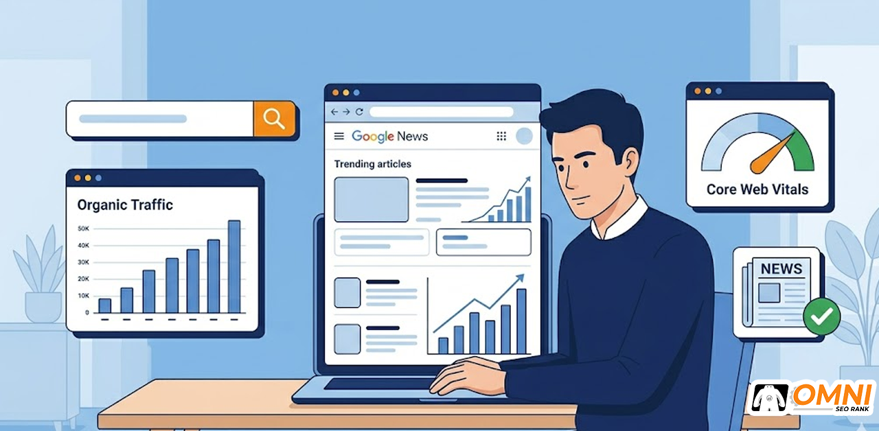 jasa-seo-media-berita-optimasi-google-news-omnirank.id-Recovered copy Ilustrasi jurnalis mengoptimasi portal berita dengan strategi SEO Google News dan Discover
