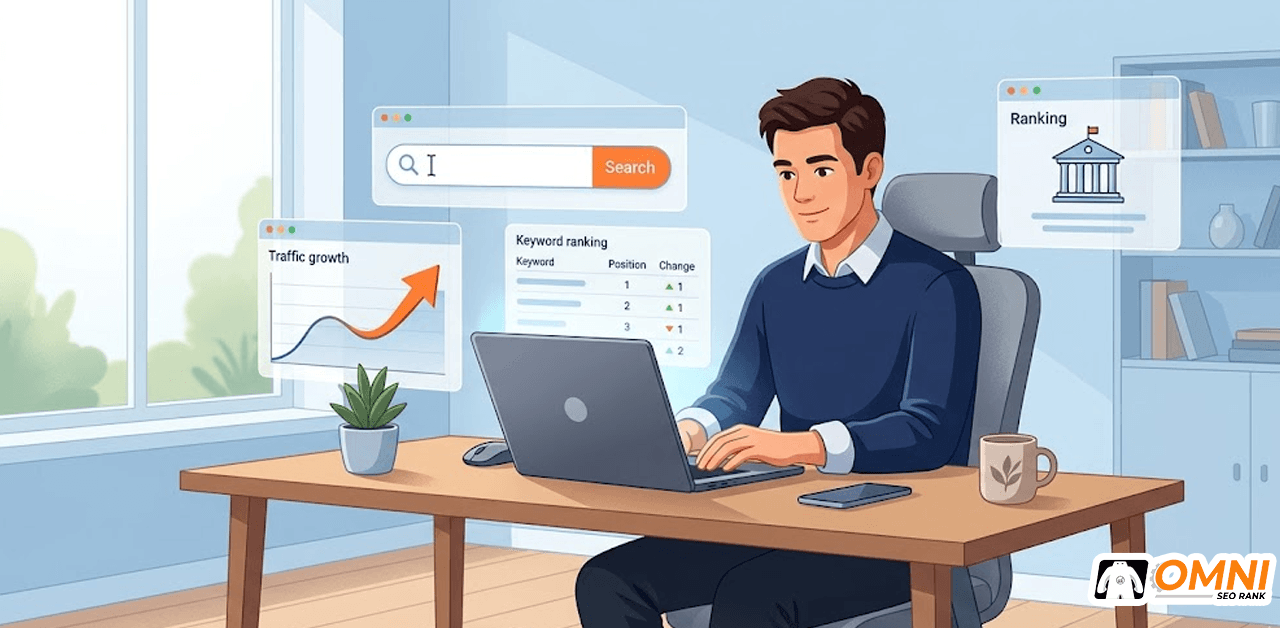 Ilustrasi jasa SEO universitas dengan dashboard ranking dan grafik traffic untuk kampus