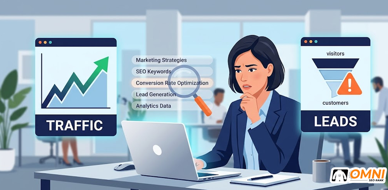 keyword-search-intent-seo-tidak-menghasilkan-leadomnirank.id copy Ilustrasi pemilik bisnis menganalisis gap antara traffic tinggi dan leads nol akibat kesalahan search intent SEO