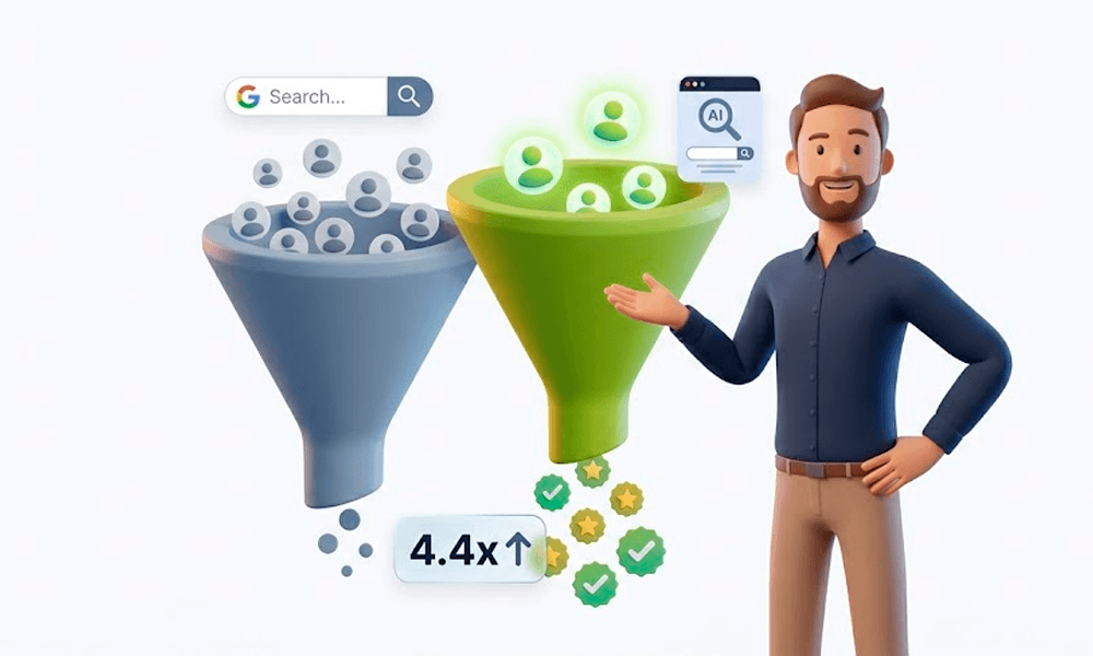 Ilustrasi perbandingan funnel konversi antara organic search biasa dan AI search traffic yang convert 4.4x lebih tinggi