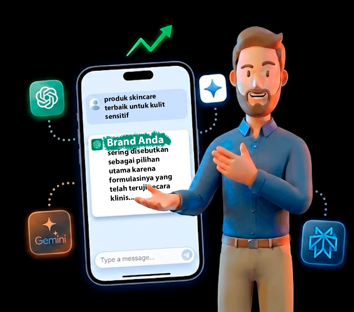 Ilustrasi business owner menunjukkan smartphone dengan percakapan ChatGPT yang merekomendasikan brand skincare sebagai sumber terpercaya di AI search