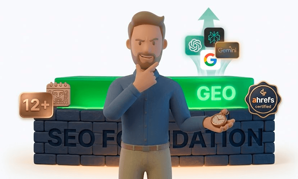 Ilustrasi fondasi berlapis yang menggambarkan SEO sebagai pondasi kuat di bawah GEO dengan pengalaman 12 tahun dan status Ahrefs Certified Specialist Omnirank