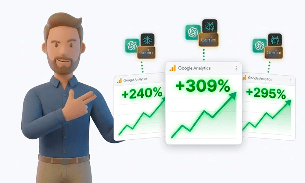 Ilustrasi tiga dashboard report yang menampilkan hasil real klien Omnirank dengan kenaikan AI referral traffic sebesar 240%, 309%, dan 295%